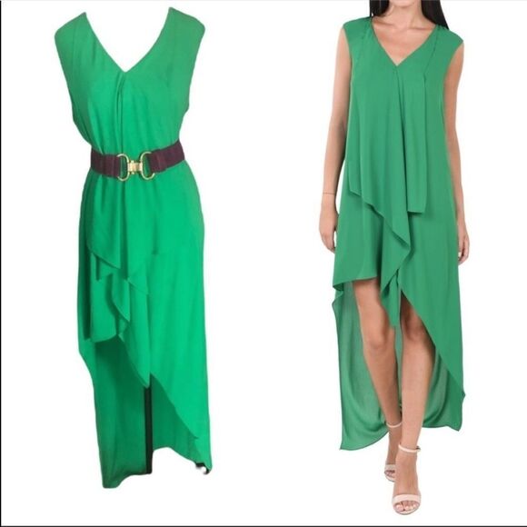 BCBGMAXAZRIA Tara Sleeveless Cascade-Ruffle High-Low Midi Maxi Dress Green XS - Picture 1 of 6
